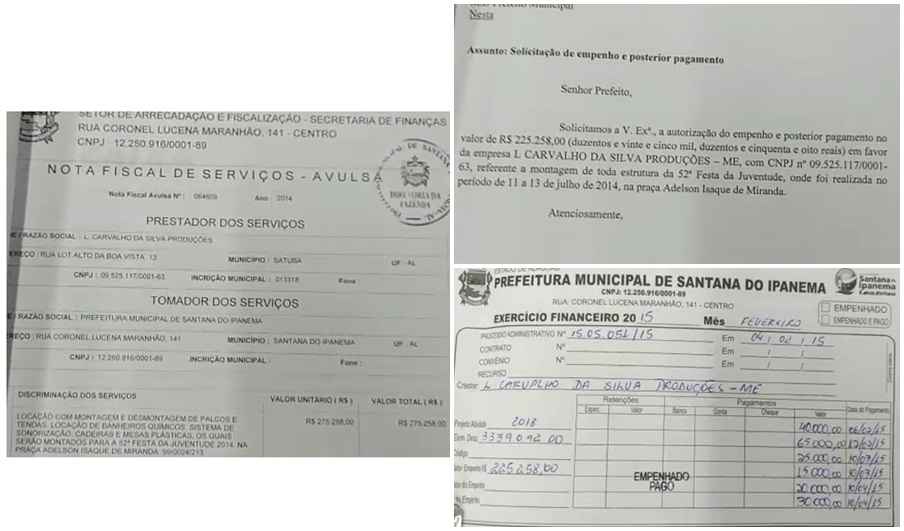 Documentos referente ao pagamento da empresa contrata pelo município na 52ª Festa da Juventude (Foto: Reprodução / MP-AL)